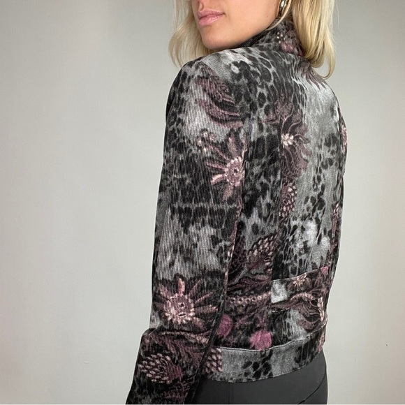 St. John Black, Grey, Purple Floral and Animal Print Corduroy Blazer Jacket - Picture 13 of 15